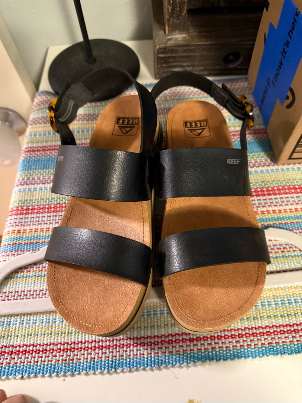 Reef Women’s Black Double-Strap Sandals with Tan Footbed
